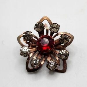 Red Rhinestone Floral Brooch Clear Copper Star Small Pin 1" Inch
